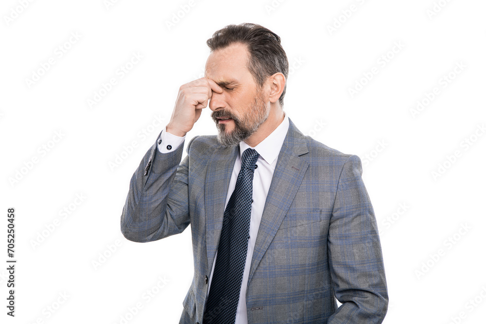Business man in suit with headache. Businessman has stress. Mature businessman in suit isolated on white. Headache and eye strain. Chronic headache. Migraine from overwork, tension Business man in suit with headache. Businessman has stress. Mature businessman in suit isolated on white. Headache and eye strain. Chronic headache. Migraine from overwork, tension