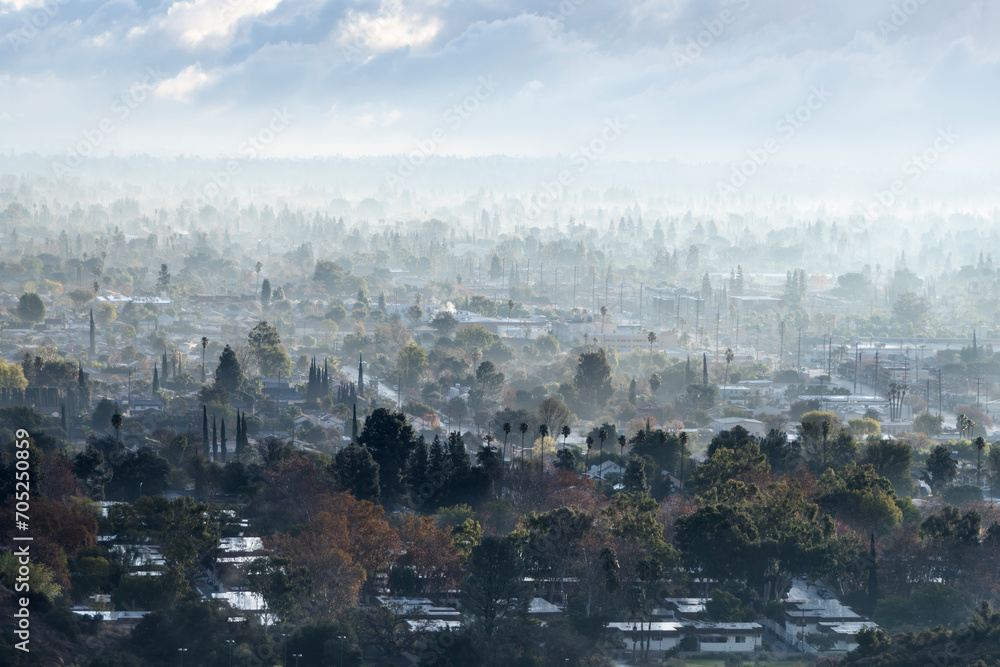 Morning fog cityscape view of Chatsworth in the west San Fernando Valley area in Los Angeles, California.