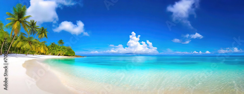 Tropical beach with clear waters, white sands, and lush palm trees under blue skies. Panorama with copy space. © Igor Tichonow