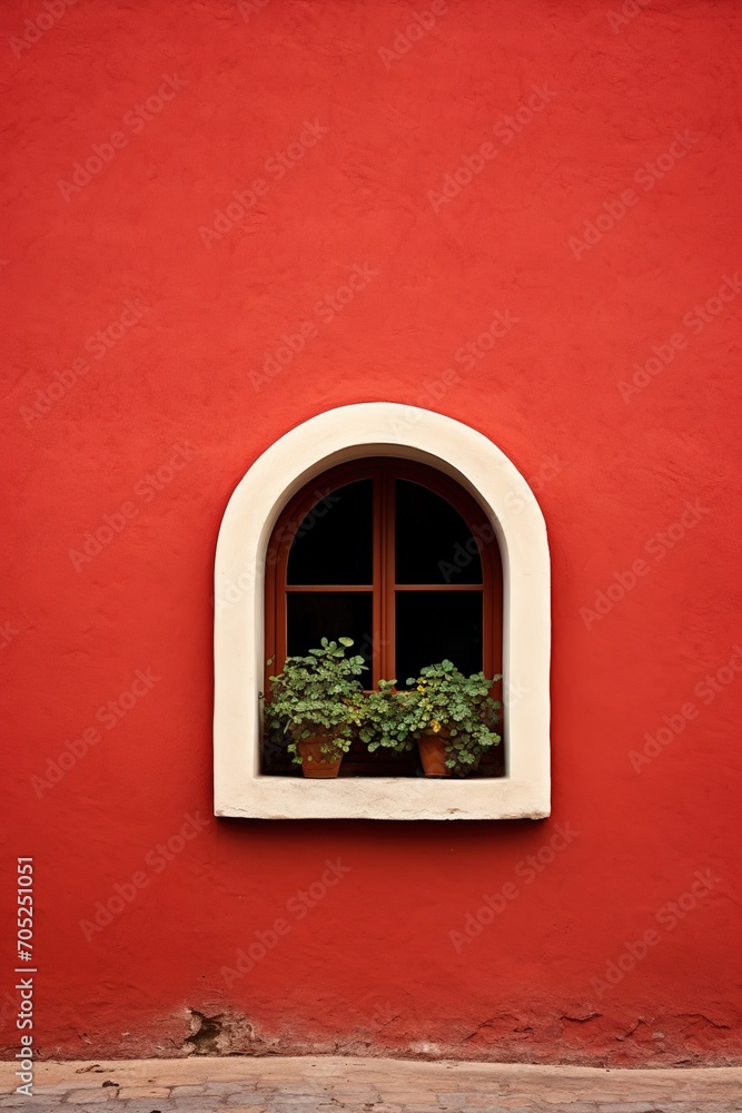 Fototapeta premium Small window on a red wall with plants on the windowsill