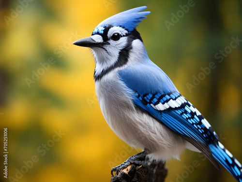Macro close up of a blue jay bird, blurry background 