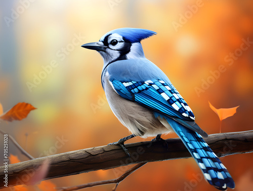 Macro close up of a blue jay bird, blurry background 