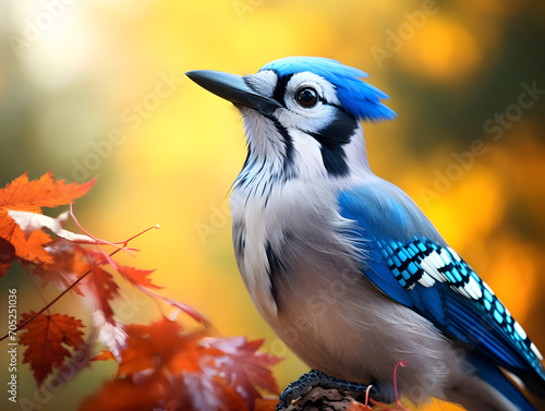 Macro close up of a blue jay bird, blurry background  © TatjanaMeininger