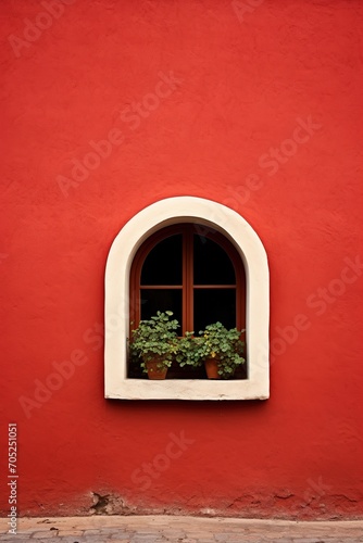 Small window on a red wall with plants on the windowsill