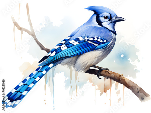 Illustration of a blue jay bird sitting on a branch