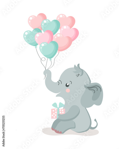 Cute baby elephant character with heart shaped balloons. Happy birthday card, kids illustration, vector © Tatiana