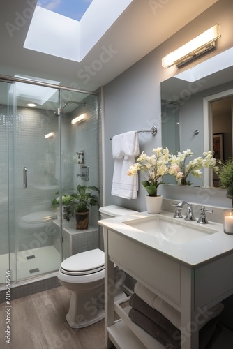 Small bathroom with white vanity and gray tile shower