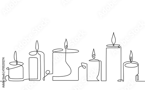 Abstract Candles isolated on white background. Seamless pattern in continuous line drawing style. Vector illustration.