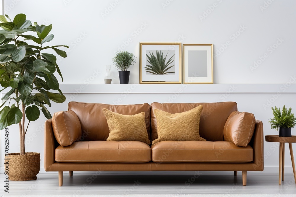 Fototapeta premium brown leather couch in a living room