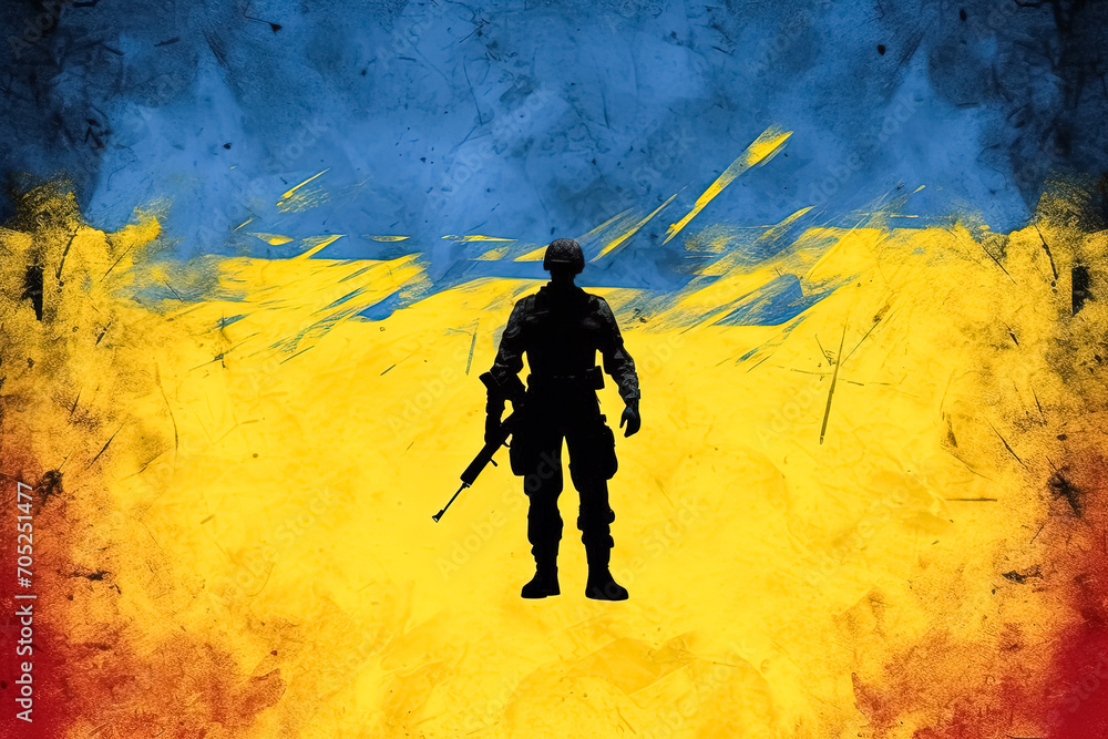 Fototapeta premium Illustration featuring a Ukrainian soldier on a blue yellow background.