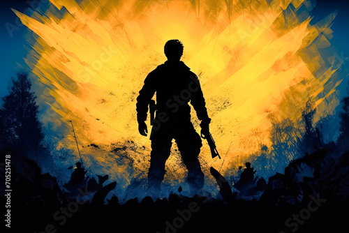 Illustration featuring a Ukrainian soldier on a blue yellow background.
