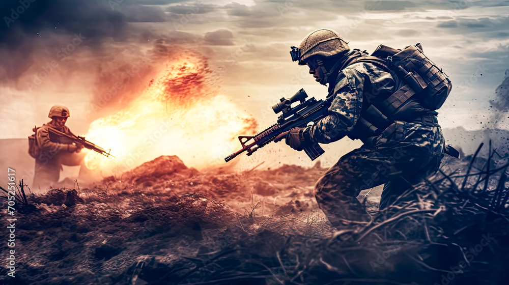 Soldiers in dynamic action on the battlefield Soldiers in dynamic action on the battlefield
