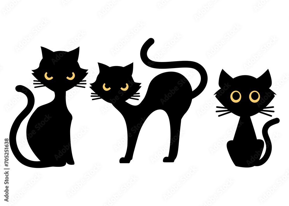 Fototapeta premium black cats set, mysterious Feline, simple draw illustration on white background