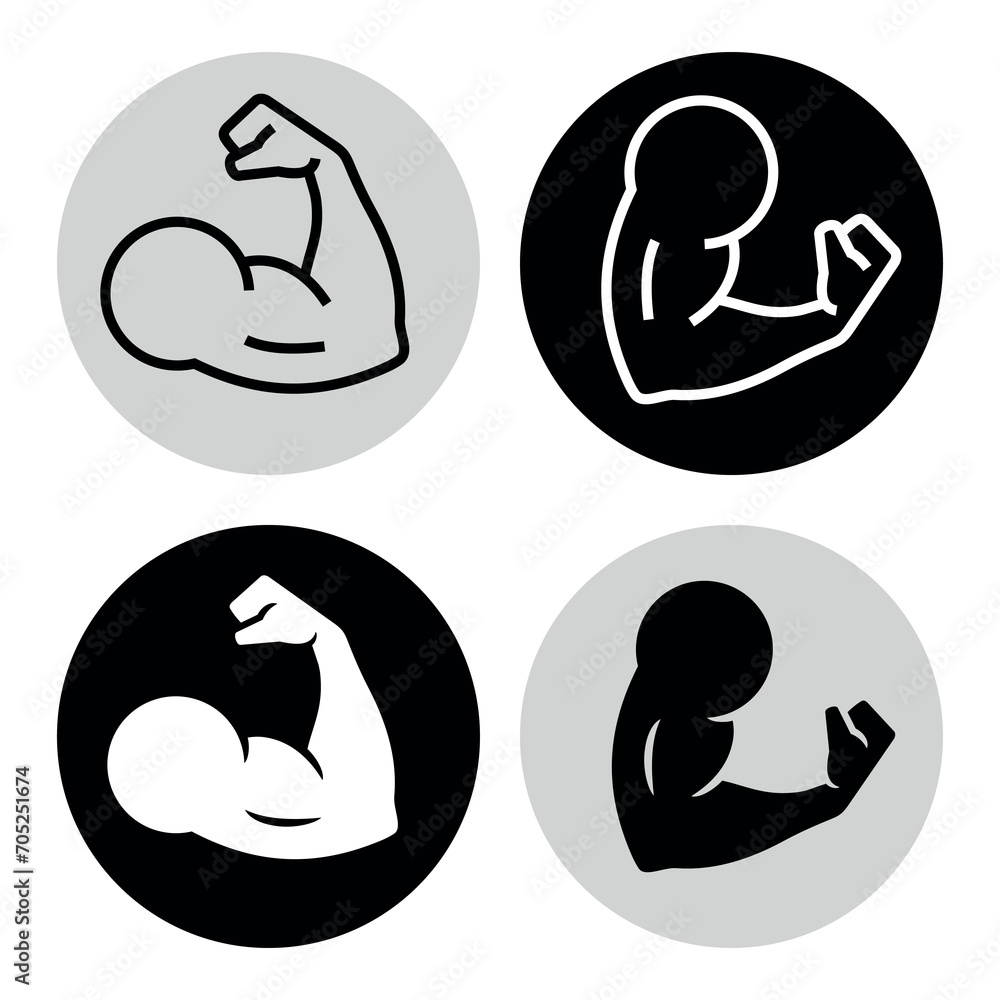 Biceps icon. Symbol of strength, health or bodybuilding. Pictogram of sport, tone or athlete. Biceps icon. Symbol of strength, health or bodybuilding. Pictogram of sport, tone or athlete.