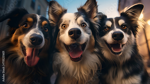 selfie of a group of lovely dogs outside on blurred background - australian shepherd and border collie photo