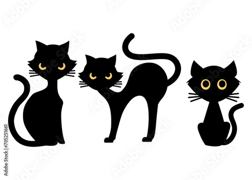 black cats set, mysterious Feline, simple draw illustration on white background
