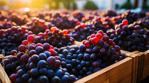 Wallpaper Mural Sunset Glow Over Fresh Harvested Grapes in Wooden Crates.Generative AI. Torontodigital.ca
