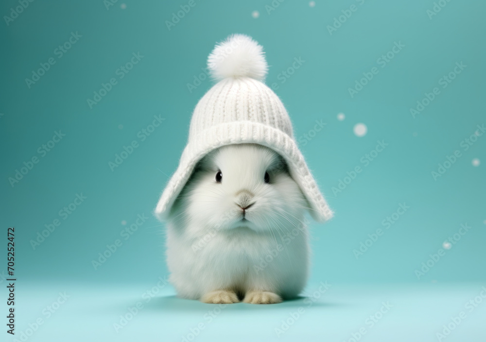 A white easter cute bunny wearing a cap and scarf on a blue background. Creative holiday animal concept