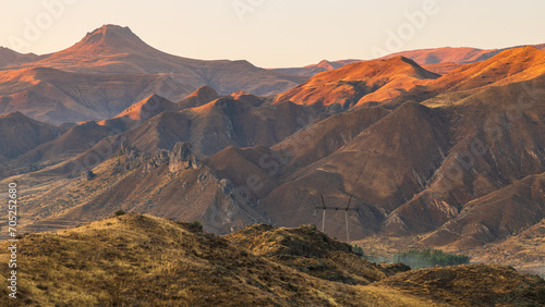 Beautiful sunset over the Caucasus mountains. Jeghenadzor, Armenia.