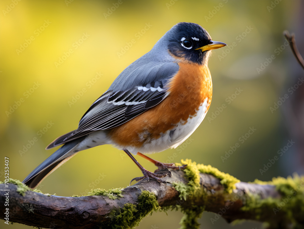 Fototapeta premium American robin bird sitting on a branch, blurry forest background 