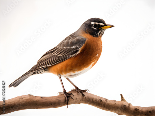 American robin bird sitting on a branch, white background 