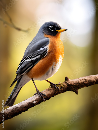 American robin bird sitting on a branch, blurry forest background 