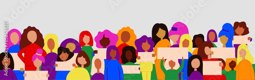 Concept on the theme of racism. Image of protesting people, equality. Political protest in defense of women's rights. Vector colorfull illustration.  Each person can be edit. 