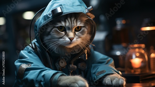 A cat wearing a spacesuit is sitting on a table