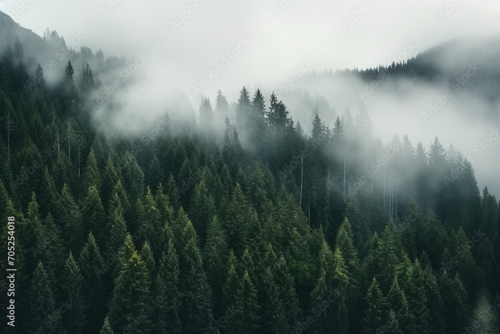 Misty forest landscape with tall pine trees