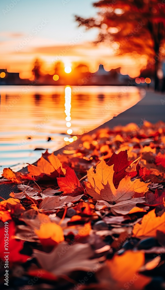Serene autumn sea promenade vibrant orange and red leaves in bright evening light with mist. Vertical format Serene autumn sea promenade vibrant orange and red leaves in bright evening light with mist. Vertical format