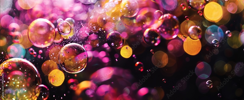 The image shows a close-up of a group of colorful bubbles floating in a water. art abstract background - obrazy, fototapety, plakaty 