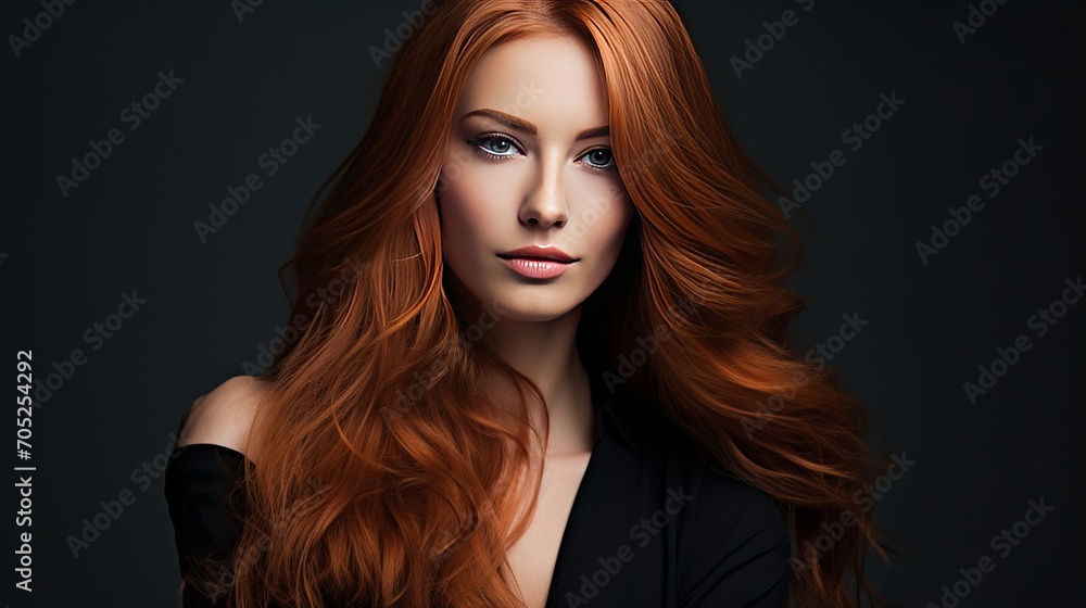 A gorgeous woman has long straight red hair and wears a black dress that touches her face. A gorgeous woman has long straight red hair and wears a black dress that touches her face.