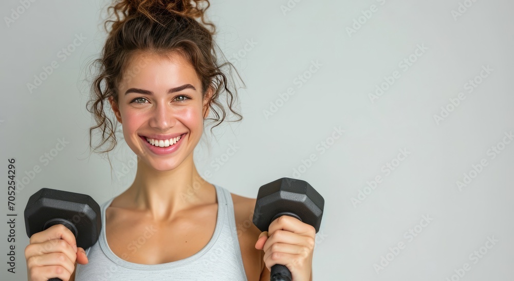 portrait of beautiful girl is smiling and holding a dumbbell in her hands. fitness health concept portrait of beautiful girl is smiling and holding a dumbbell in her hands. fitness health concept