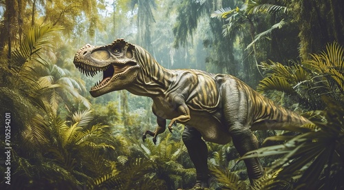 A photorealistic depiction of a massive Tyrannosaurus Rex dinosaur wading through a lush prehistoric forest © Olga