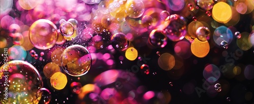 The image shows a close-up of a group of colorful bubbles floating in a water. art abstract background photo