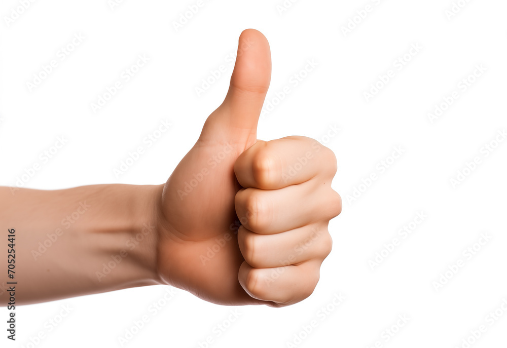 Closeup of male hand showing thumbs up gesture isolated on white background