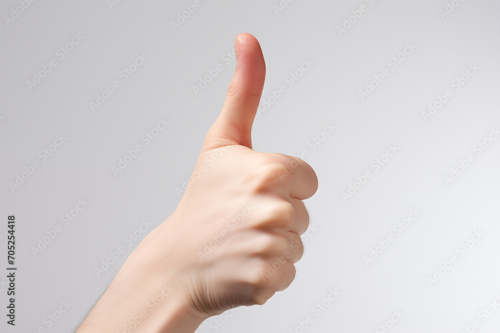 Closeup of male hand showing thumbs up sign isolated on gray background