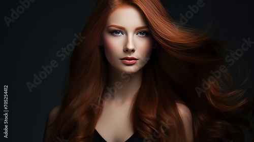 A gorgeous woman has long straight red hair and wears a black dress that touches her face. © Akbar