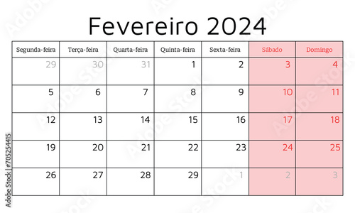 February 2024 portuguese calendar. Vector illustration. Monthly planning for business in Portugal