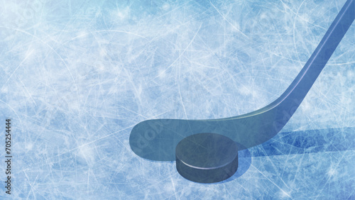 Ice hockey horizontal banner with close-up stick and puck and realistic rink, light blue background. Copy space. Vector picture for winter sport and games illustration, web design, printing.