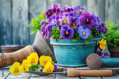 Fototapeta Naklejka Na Ścianę i Meble -  Potting up spring flowers in the garden