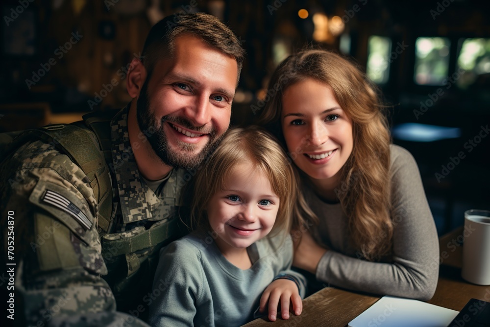 happy soldier with his family posing in front of the camera happy soldier with his family posing in front of the camera