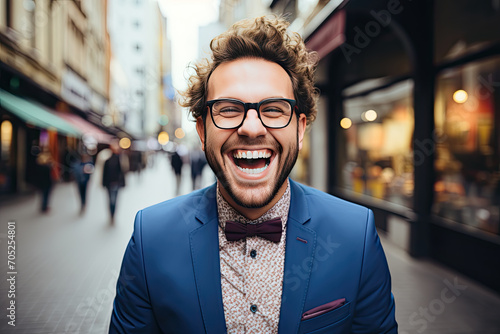 Close up portrait of handsome young man in glasses and blue suit smiling and laughing while standing alone outside on street in city