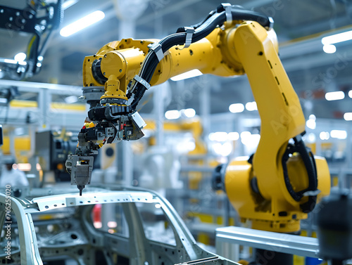 Robotic arm working on a car assembly line, showcasing advanced manufacturing technology in the automobile industry.