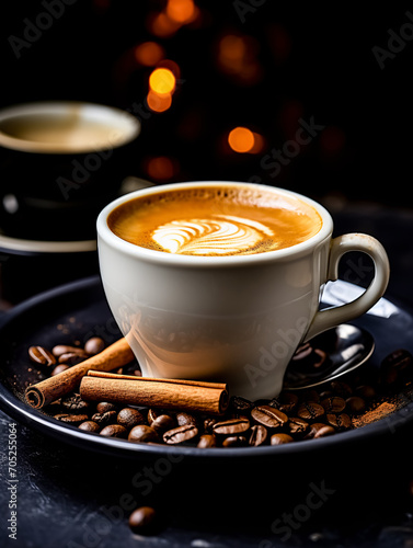 Cup of cappuccino with cinnamon sticks and roasted coffee beans