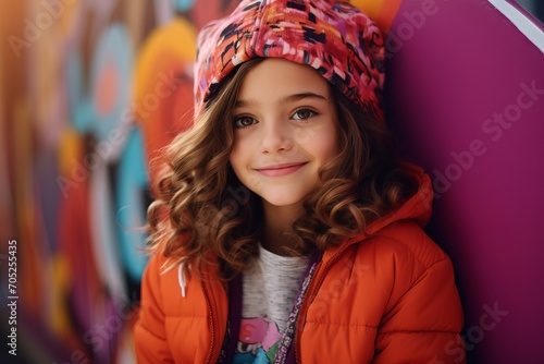 Portrait of a little girl with curly hair in an orange jacket on a background of a colorful wall.