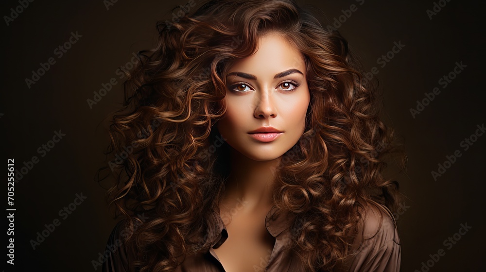 A woman in her 30s or 40s with long brown curly hair posing as a fashion model in a studio is stunning. A woman in her 30s or 40s with long brown curly hair posing as a fashion model in a studio is stunning.
