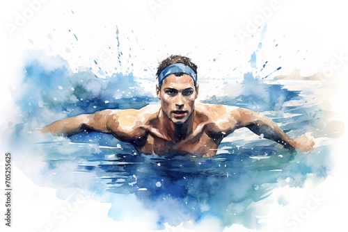 A man swims watercolor. Generation ai © Natali