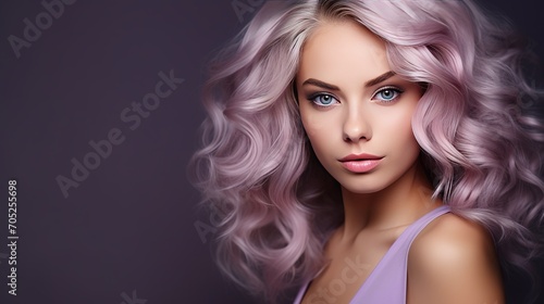 A woman who is blonde with a beautiful purple manicure and makeup for her eyes. also  she is a fashion model with a curly hairstyle.
