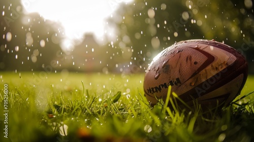 American football ball on the grass, raindrops frozen in the air falling, close up